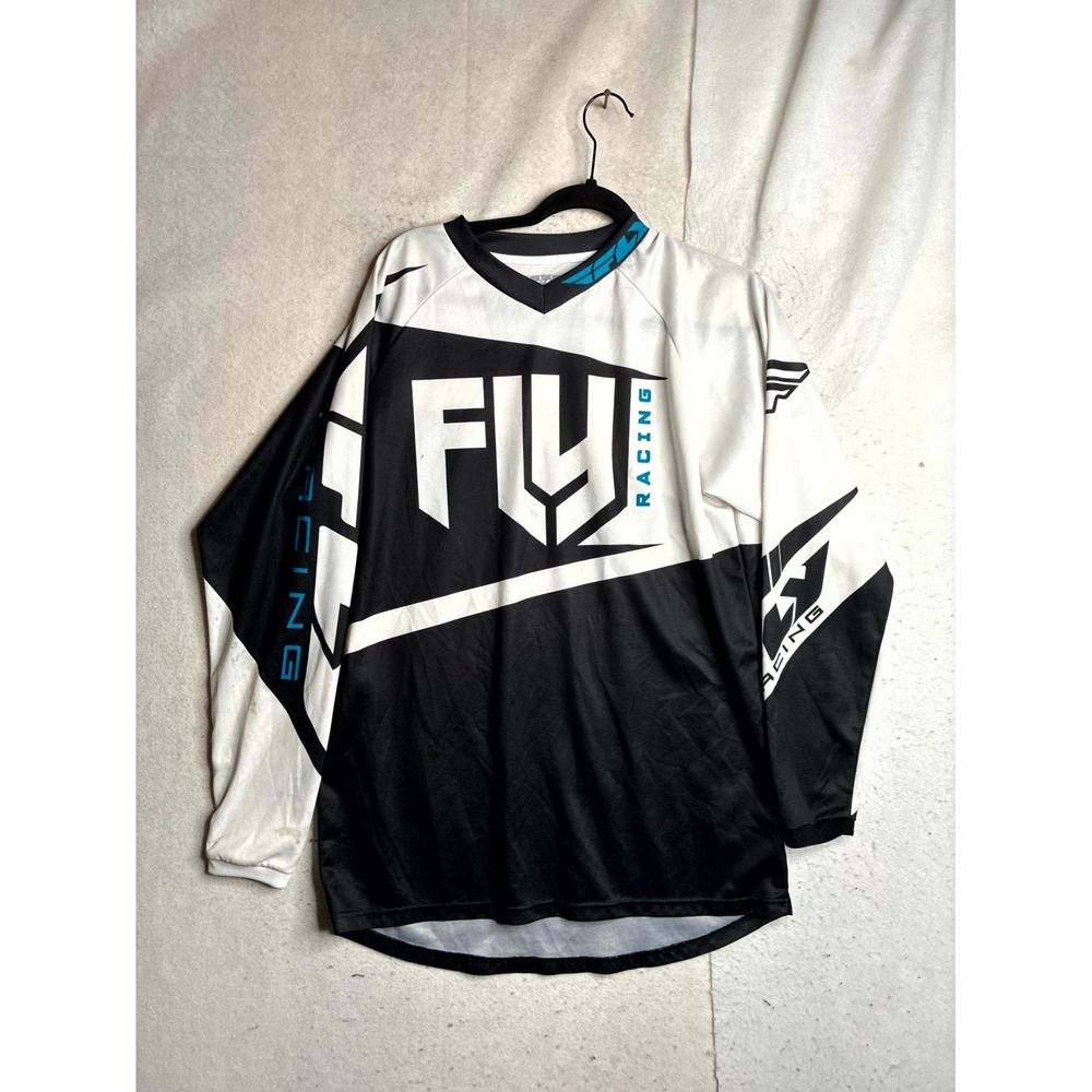 Fly Racing F-16 Jersey Mens Medium Black White Motorcross Dirtbike Long Sleeve